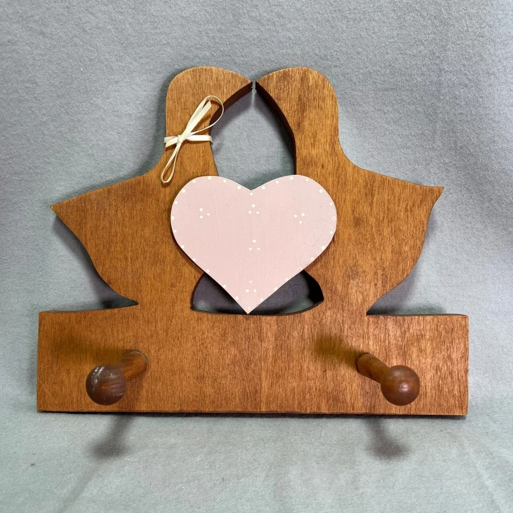 Wood Hanging Wall Hooks Kissing Ducks 80s Vintage Rustic Farmhouse Cottagecore